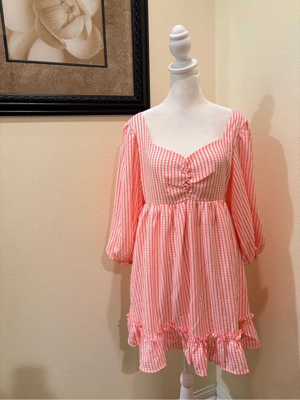 Meet Me in Santorini Pink Gingham Mini Dress with Sweetheart Neckline size S NWT